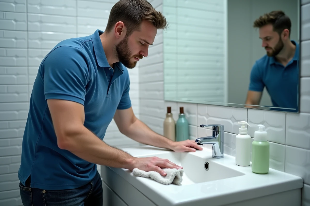 Homme nettoyant un évier de salle de bain avec un chiffon en microfibre et des produits ménagers alignés sur le bord