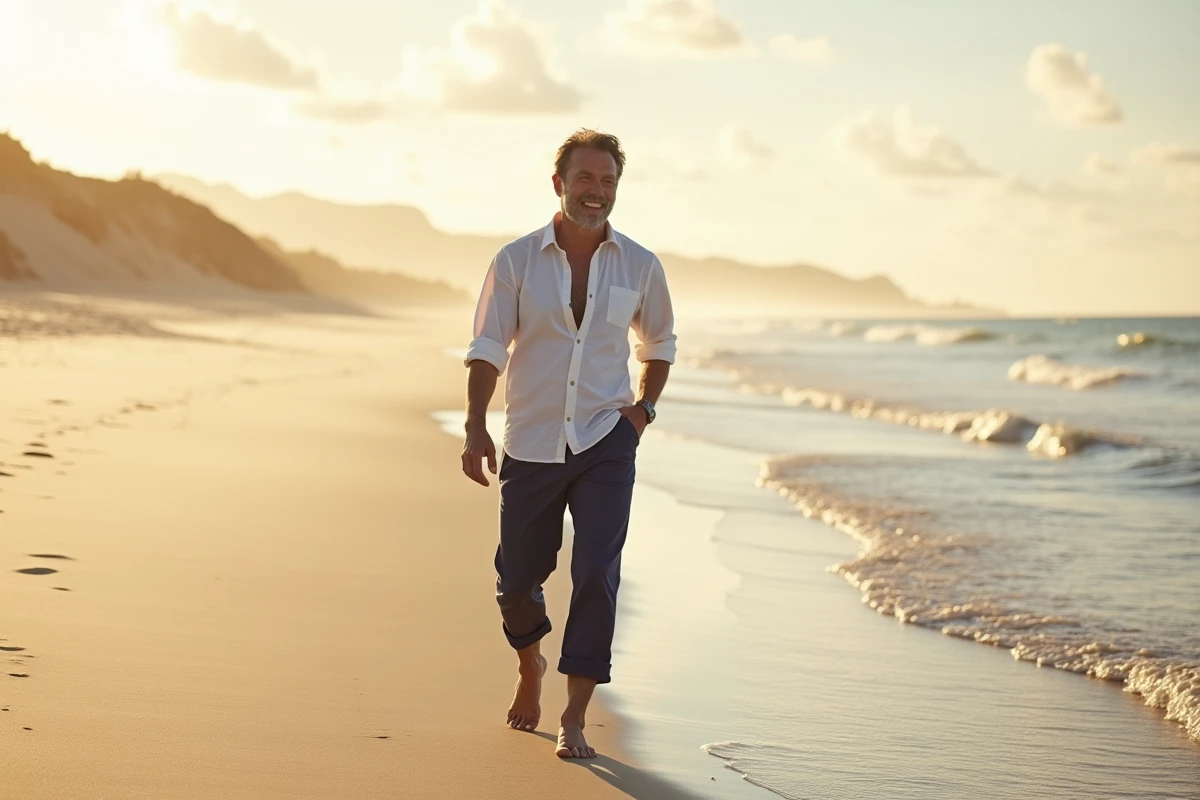 Homme marchant pieds nus sur une plage déserte, exprimant la liberté et le bien-être mental et physique