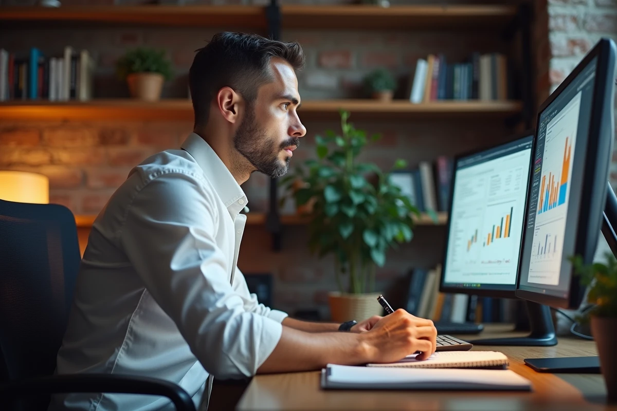 Homme professionnel concentré travaillant sur ses analyses dans un bureau moderne, profil type d'une personne promue