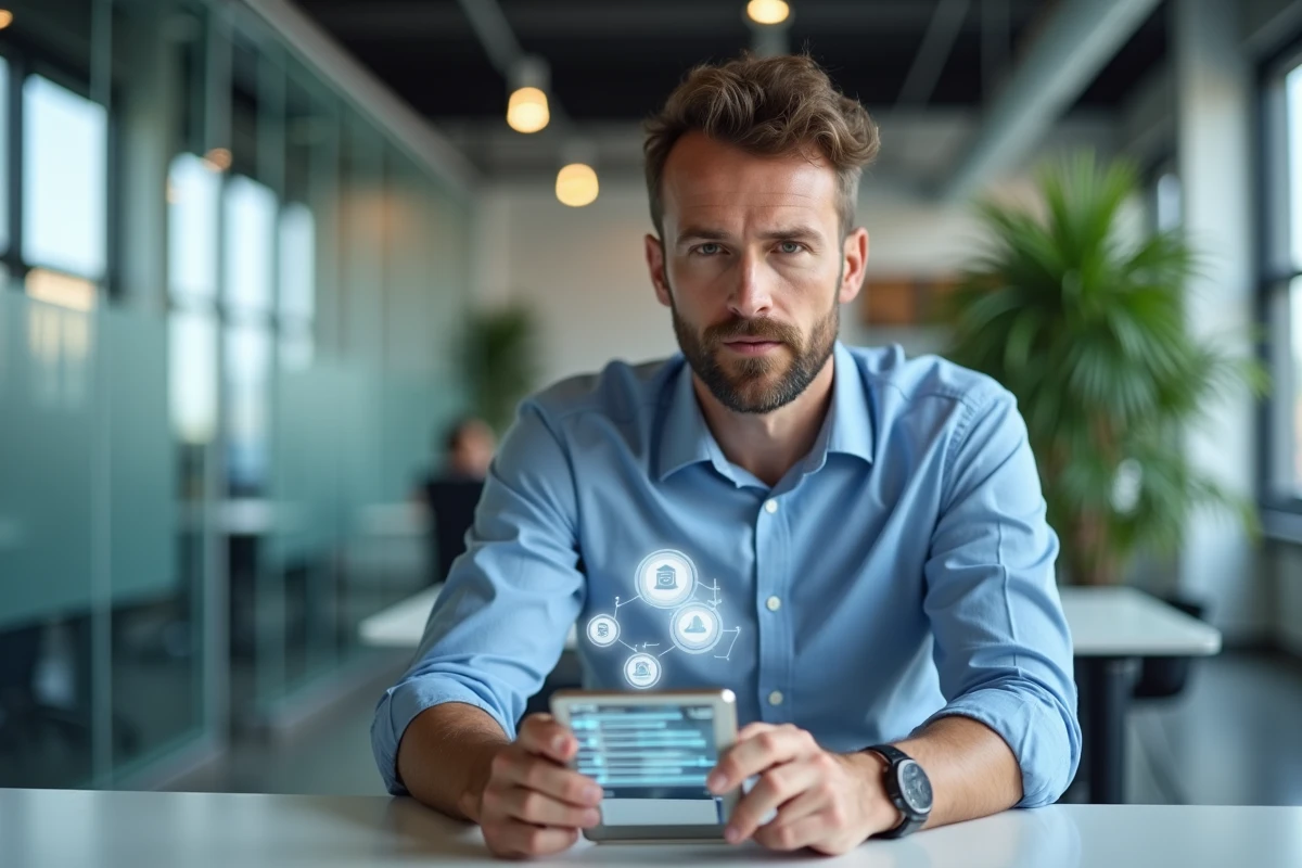 Homme utilisant la réalité augmentée sur smartphone dans un bureau moderne, visualisant des éléments numériques en 3D
