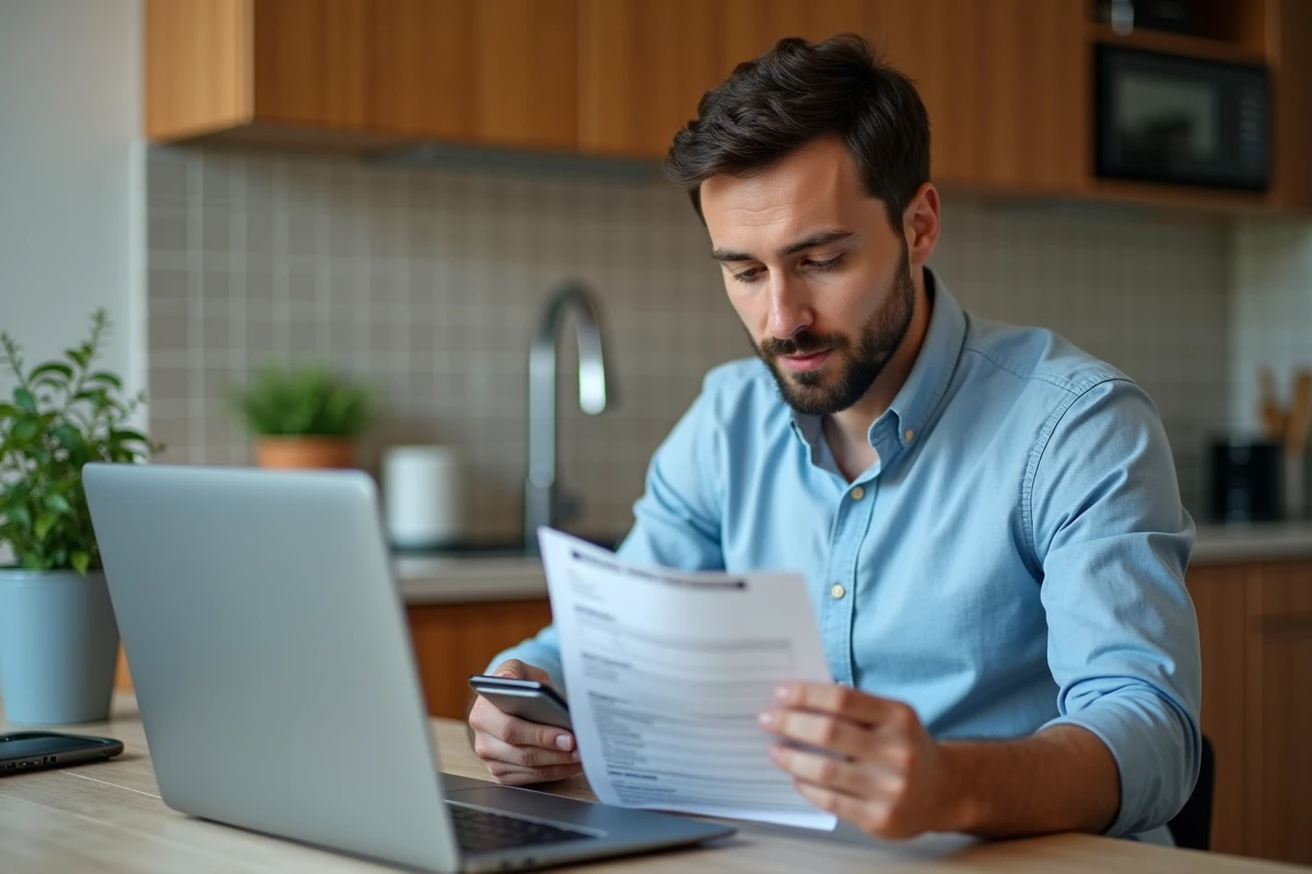 Homme en télétravail à la cuisine vérifiant ses frais professionnels sur smartphone et ordinateur portable