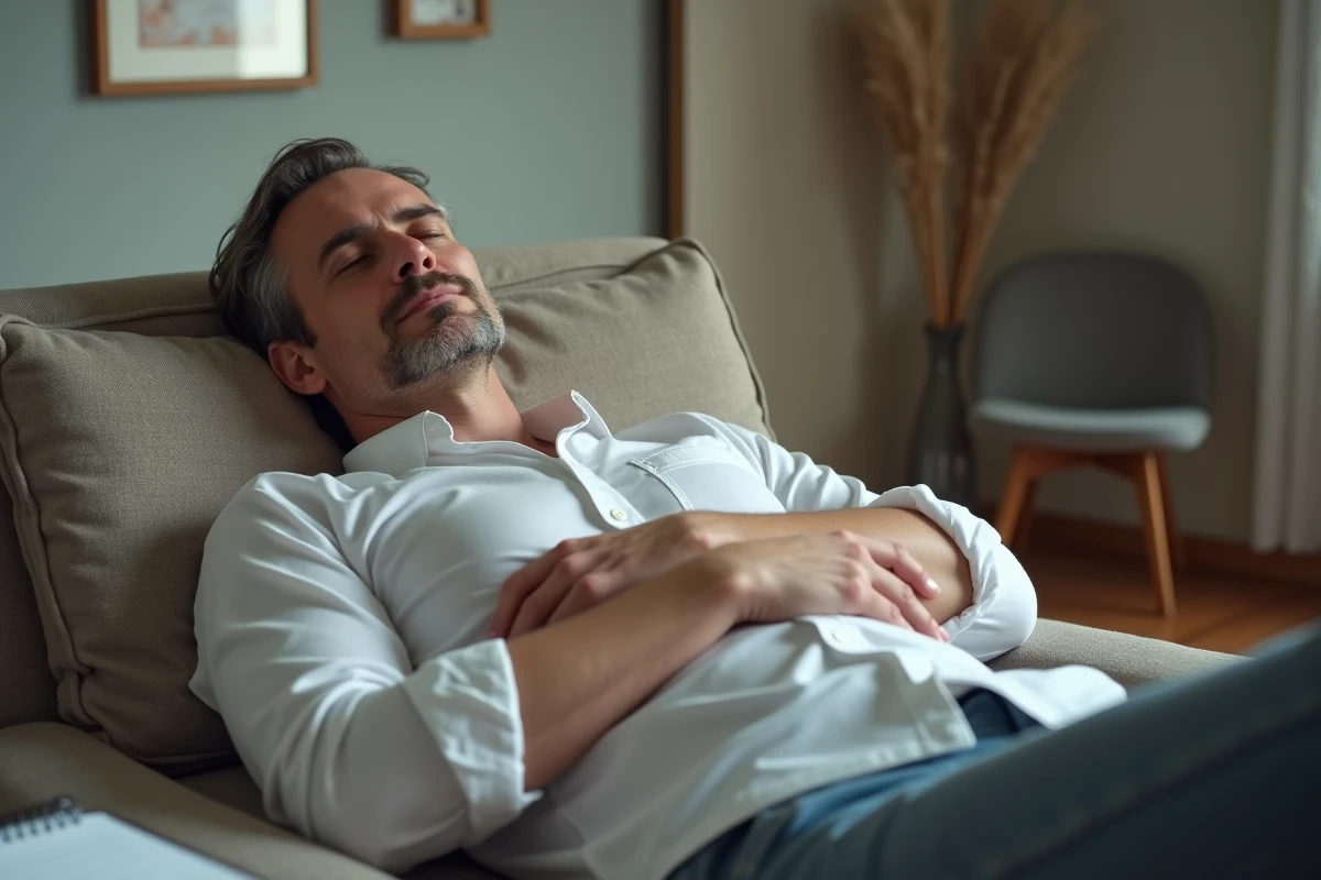 Homme allongé sur un divan de psychothérapeute les yeux fermés, représentant le travail psychologique sur les souvenirs traumatiques refoulés