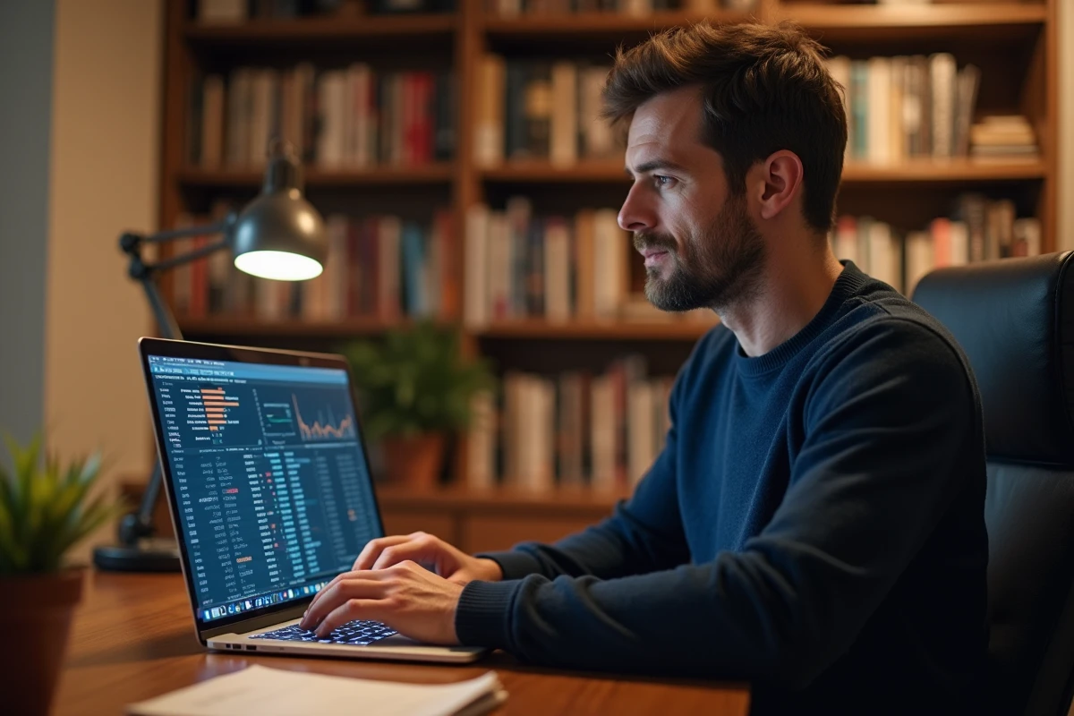 Homme travaillant sur des valeurs numériques et des métriques digitales dans un bureau à domicile