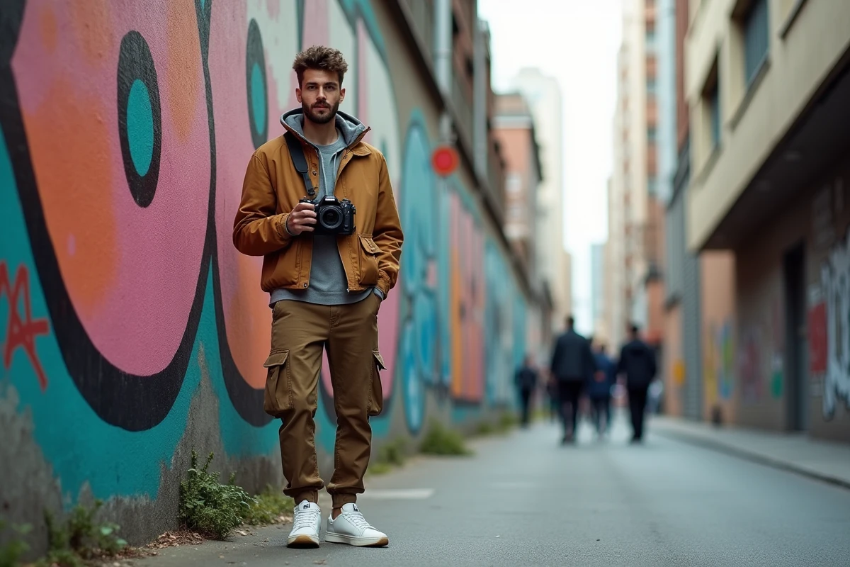 Homme stylé en tenue streetwear devant un mur de street art urbain illustrant l'influence des réseaux sociaux sur la mode