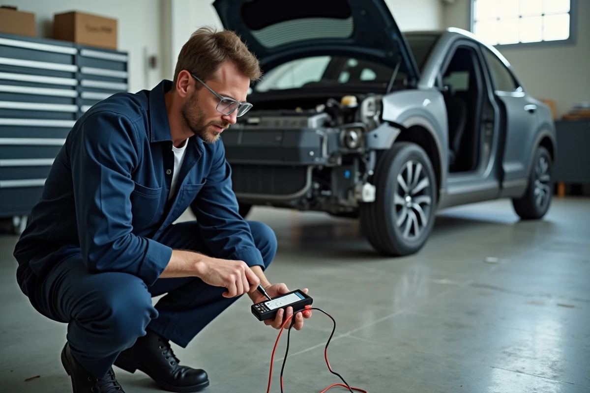 Ingénieur testant des modules de batteries nouvelle génération dans un compartiment de véhicule électrique en garage de recherche automobile