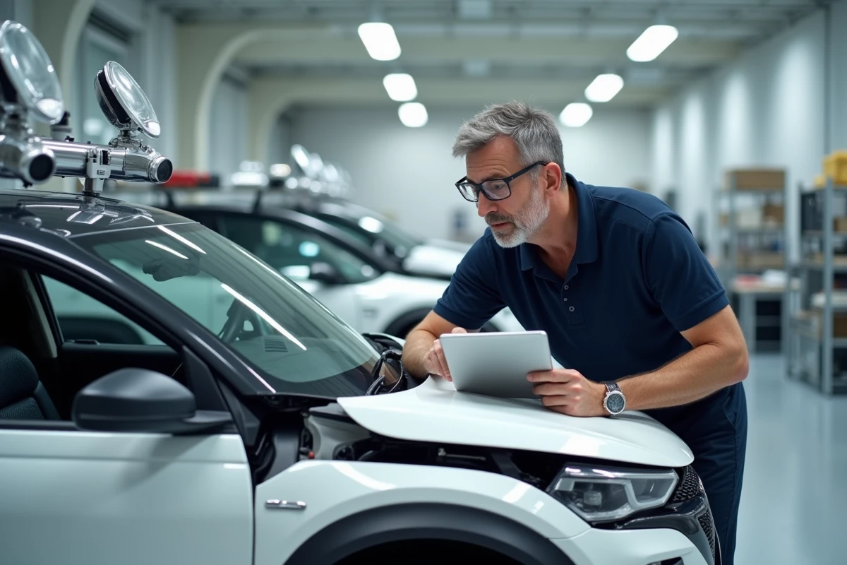 Ingénieur automobile examinant des capteurs LiDAR et radars sur un véhicule prototype dans un atelier de test professionnel