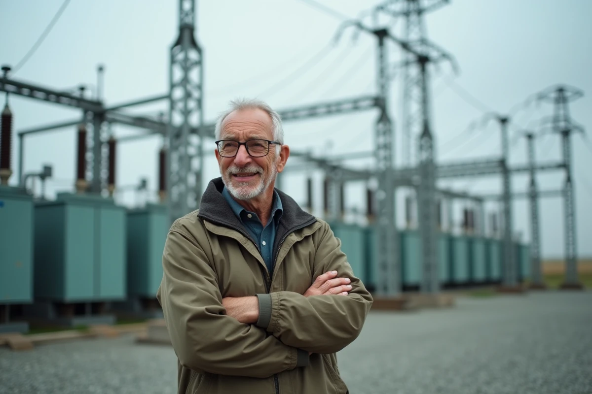 Ingénieur EDF retraité devant une infrastructure électrique haute tension