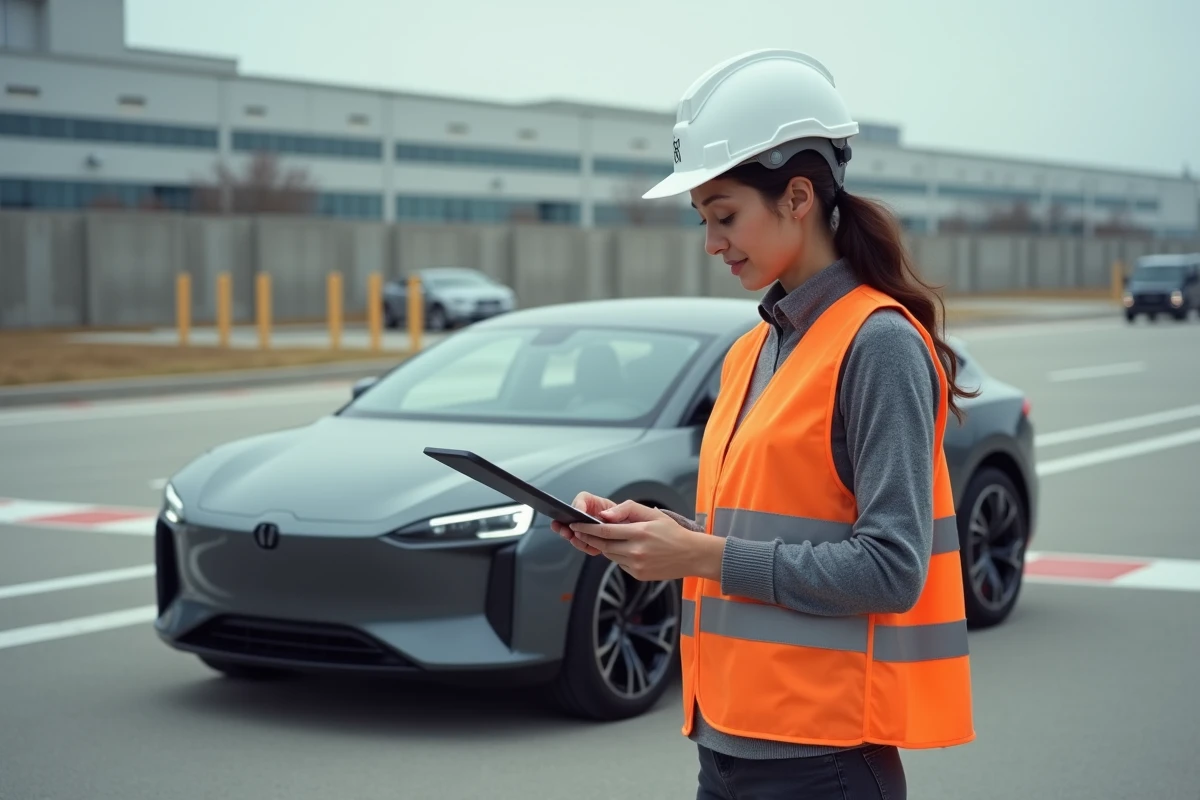 Ingénieure en sécurité inspectant un prototype de véhicule autonome sur un site d'essai industriel