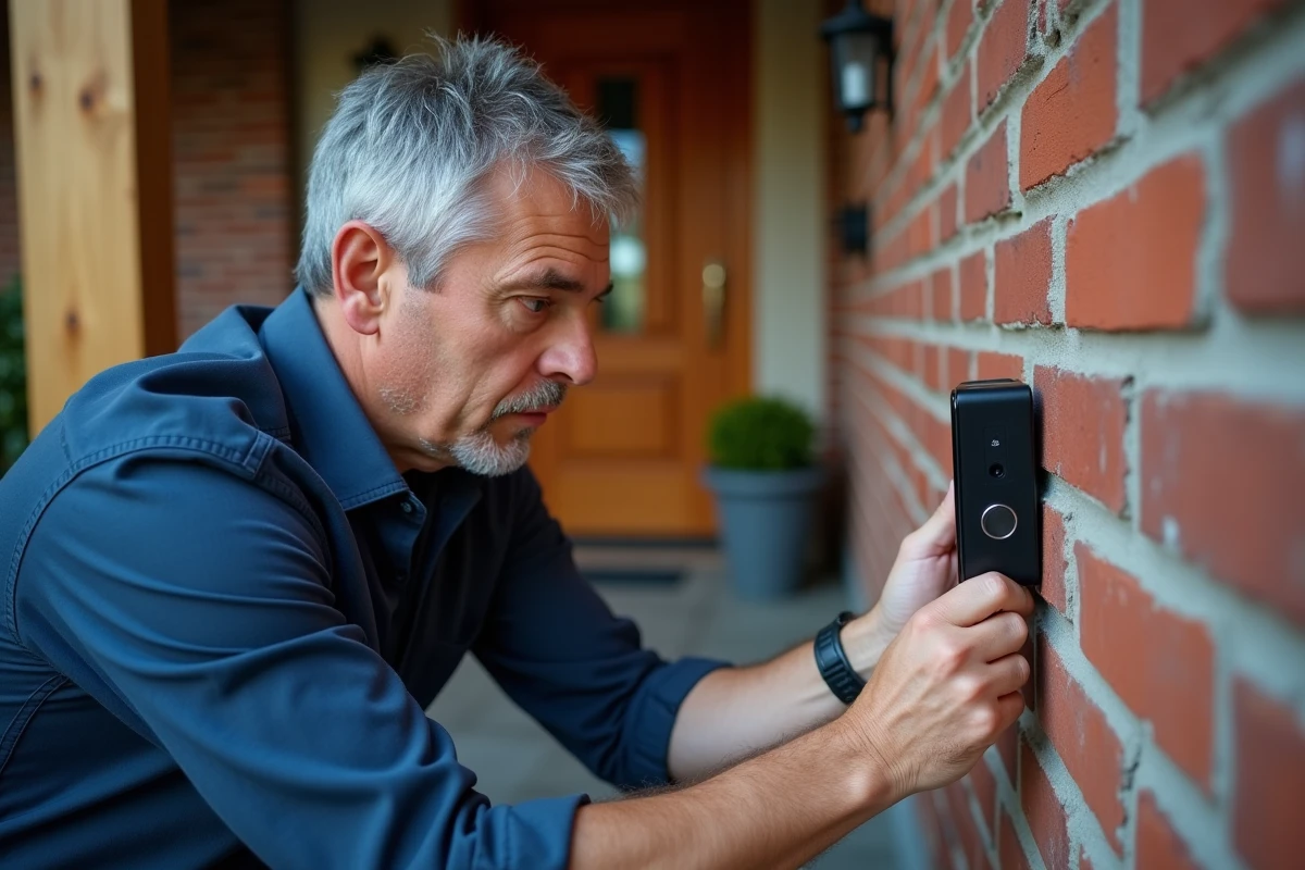 Homme installant une sonnette vidéo connectée à l'entrée d'une maison pour renforcer la sécurité domestique