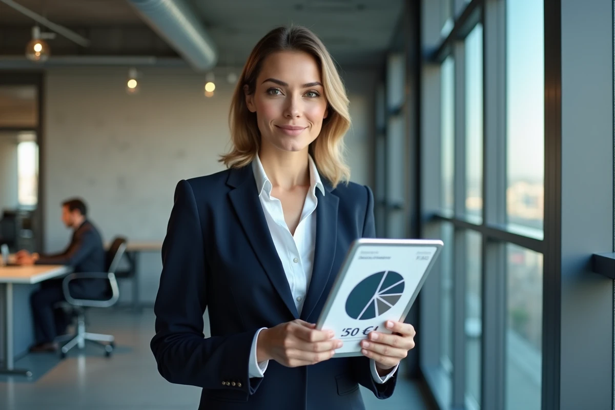 Femme d'affaires analysant une allocation de portefeuille sur tablette dans un espace de travail moderne pour un investissement de 3000 euros