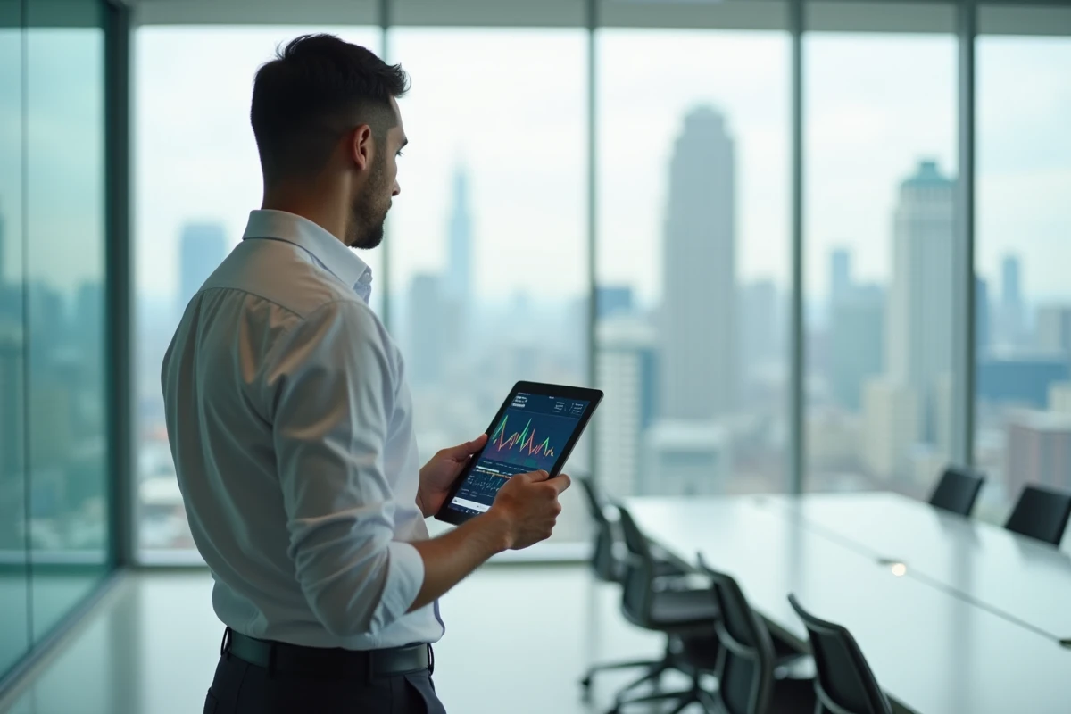 Investisseur tenant une tablette avec un tableau de bord comparatif d'actions fintech devant une vue urbaine