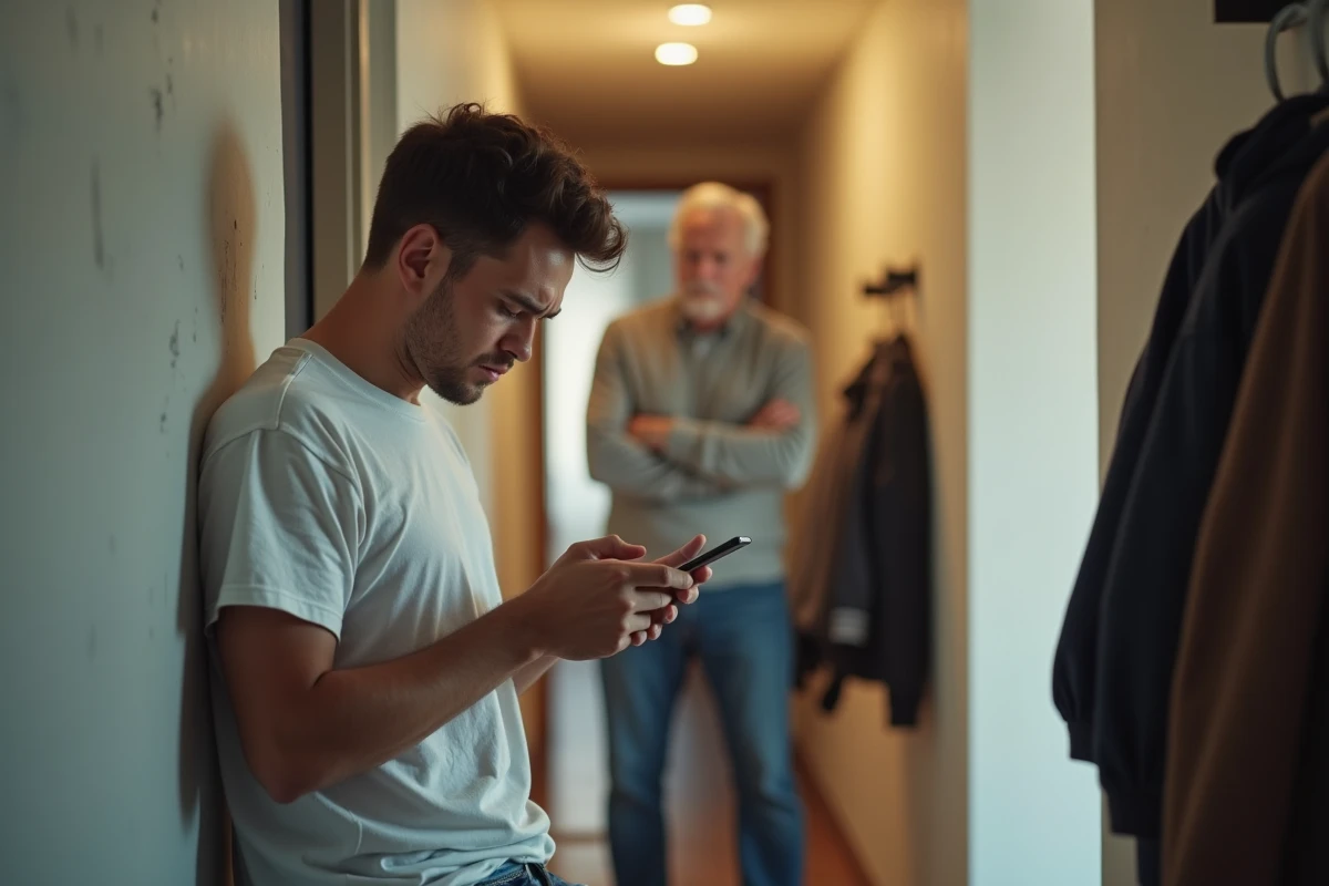 Jeune homme de 21 ans ignorant son père dans un couloir d'appartement, symbolisant l'irrespect et la distance relationnelle
