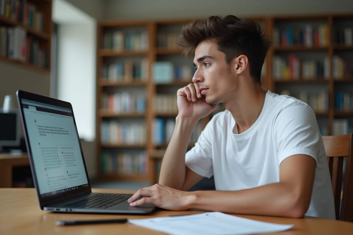Jeune homme passant un test de QI en ligne sur ordinateur portable dans une bibliothèque universitaire