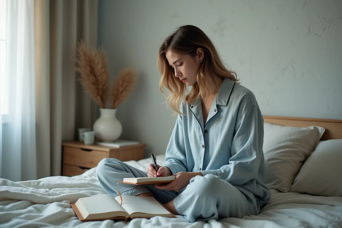 Jeune femme écrivant dans un journal intime au réveil, illustrant le processus d'identification et d'exploration des souvenirs refoulés