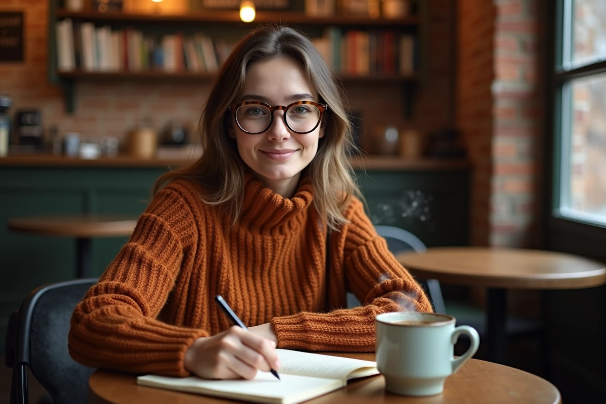 Jeune femme écrivant dans un journal intime dans un café cosy pour gérer ses émotions et diminuer le stress