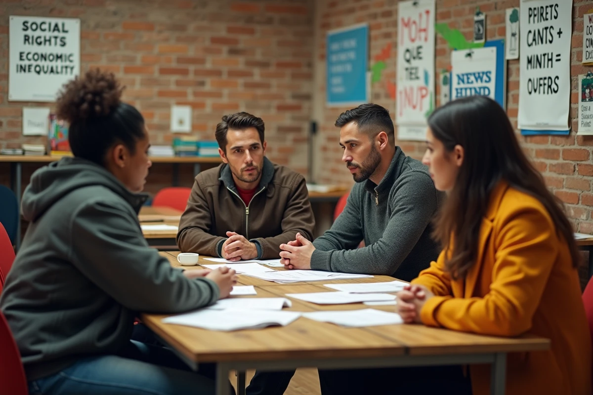 Groupe de personnes diverses réunies autour d'une table dans un centre communautaire pour discuter des droits sociaux et de la discrimination économique, dans une atmosphère de militantisme citoyen