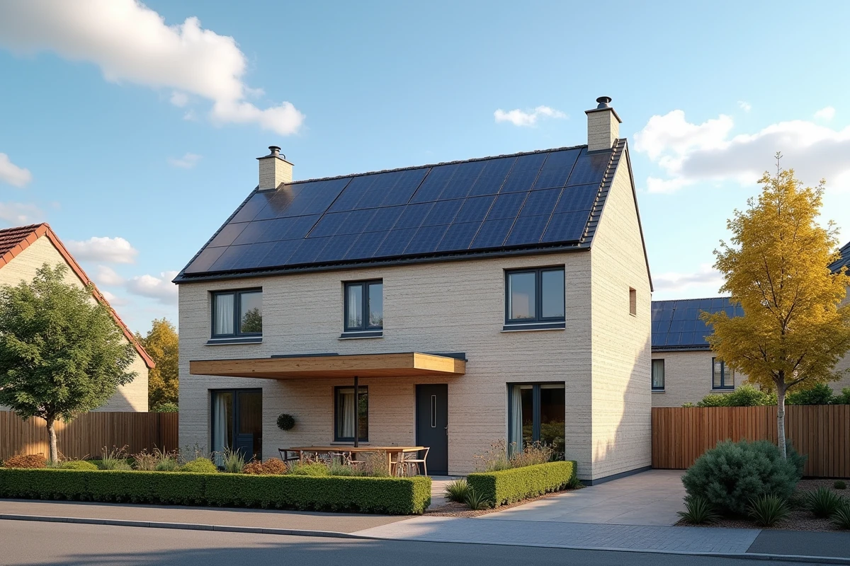 Maison individuelle équipée de panneaux photovoltaïques sur le toit dans un quartier résidentiel