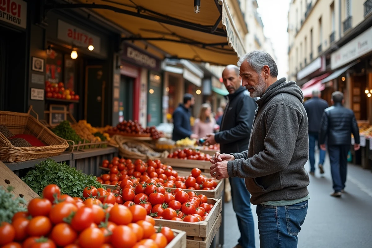 Marché de la Goutte d'Or à Paris avec des vendeurs de fruits et légumes dans un quartier populaire multiculturel