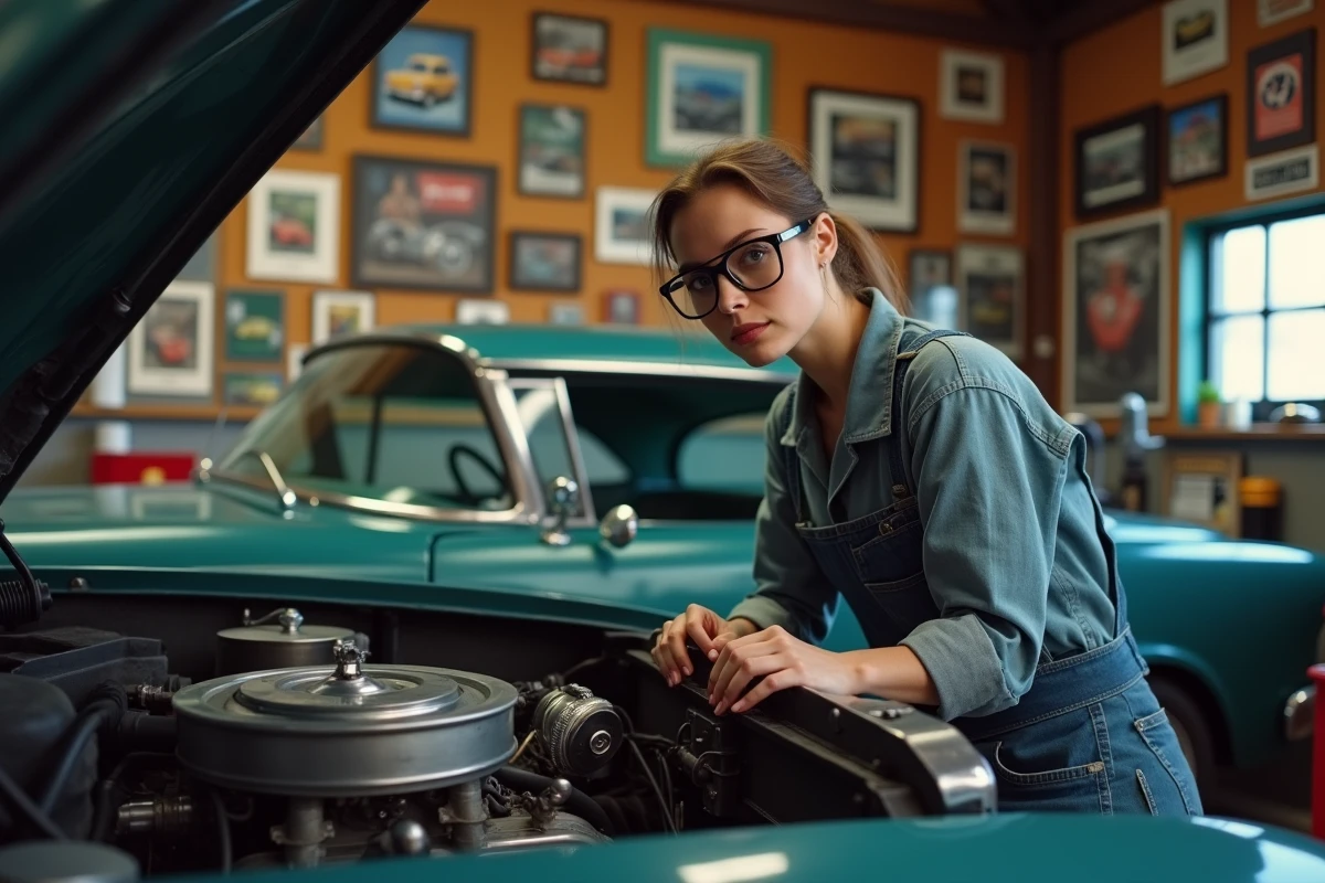 Mécanicienne inspectant le moteur d'une voiture de collection américaine des années 1950 dans un atelier