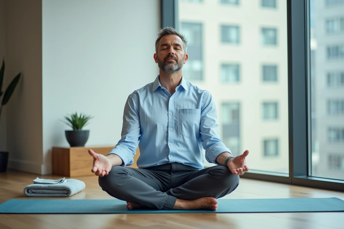 Homme pratiquant la méditation dans une salle de bien-être en entreprise pour réduire le stress au travail