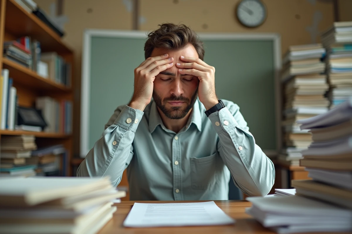 Travailleur social débordé face à une pile de dossiers dans un bureau encombré, symbolisant le poids psychologique des métiers du social