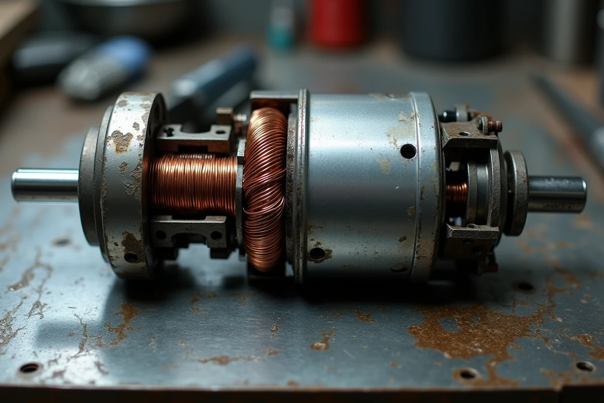 Moteur électrique démonté sur établi avec rotor, stator et bobinages en cuivre visibles