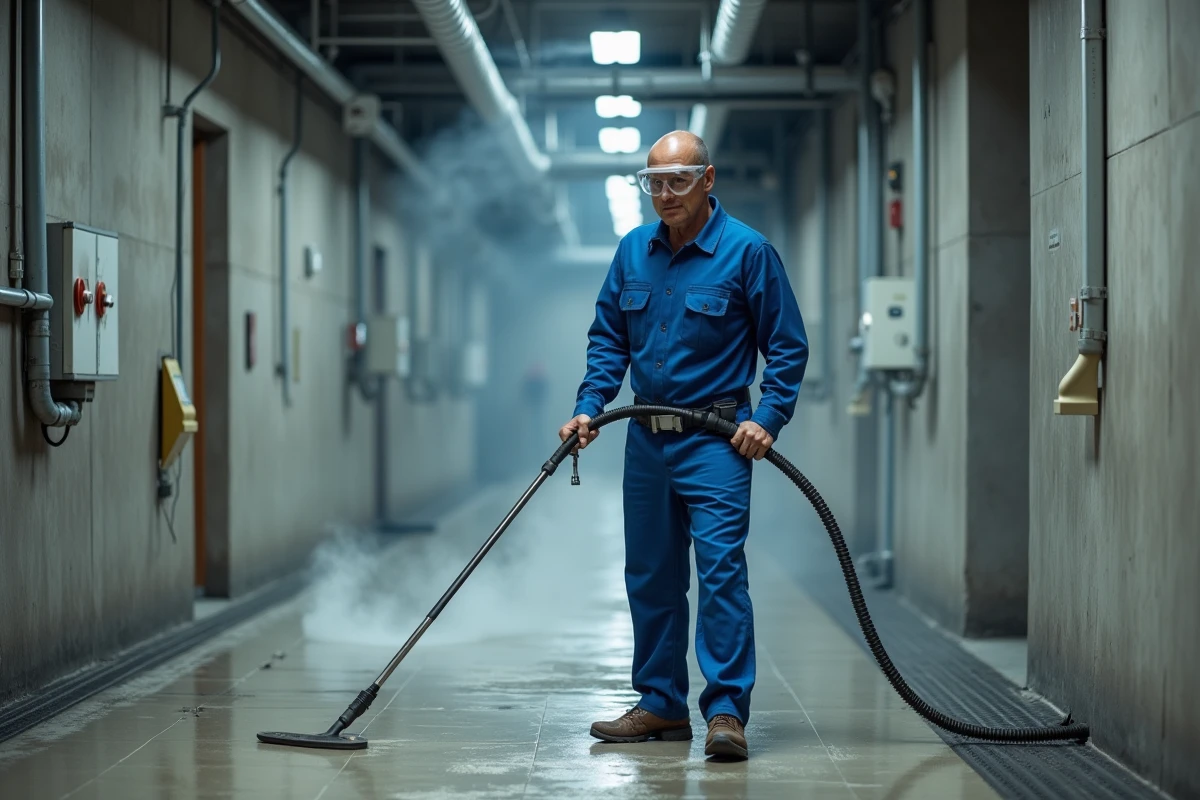Agent de maintenance utilisant une machine vapeur haute pression dans un couloir industriel, illustrant le facteur température dans le cercle de Sinner pour le nettoyage