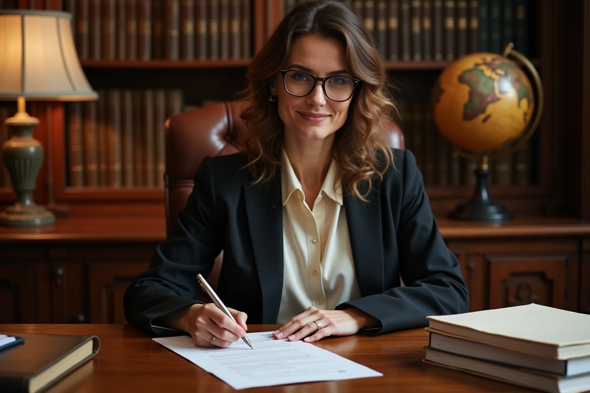Notaire signant un acte de vente immobilière dans un bureau parisien traditionnel