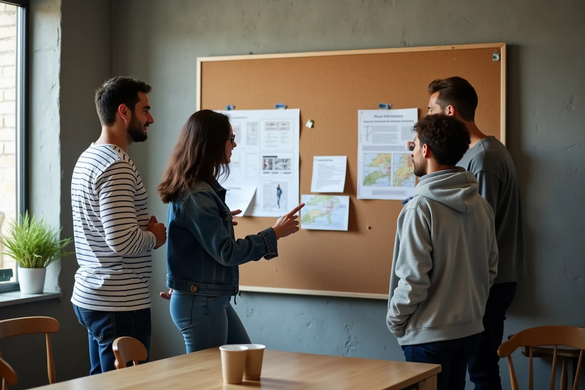 Groupe de bénévoles organisant un événement communautaire avec un tableau de planification et des ressources partagées