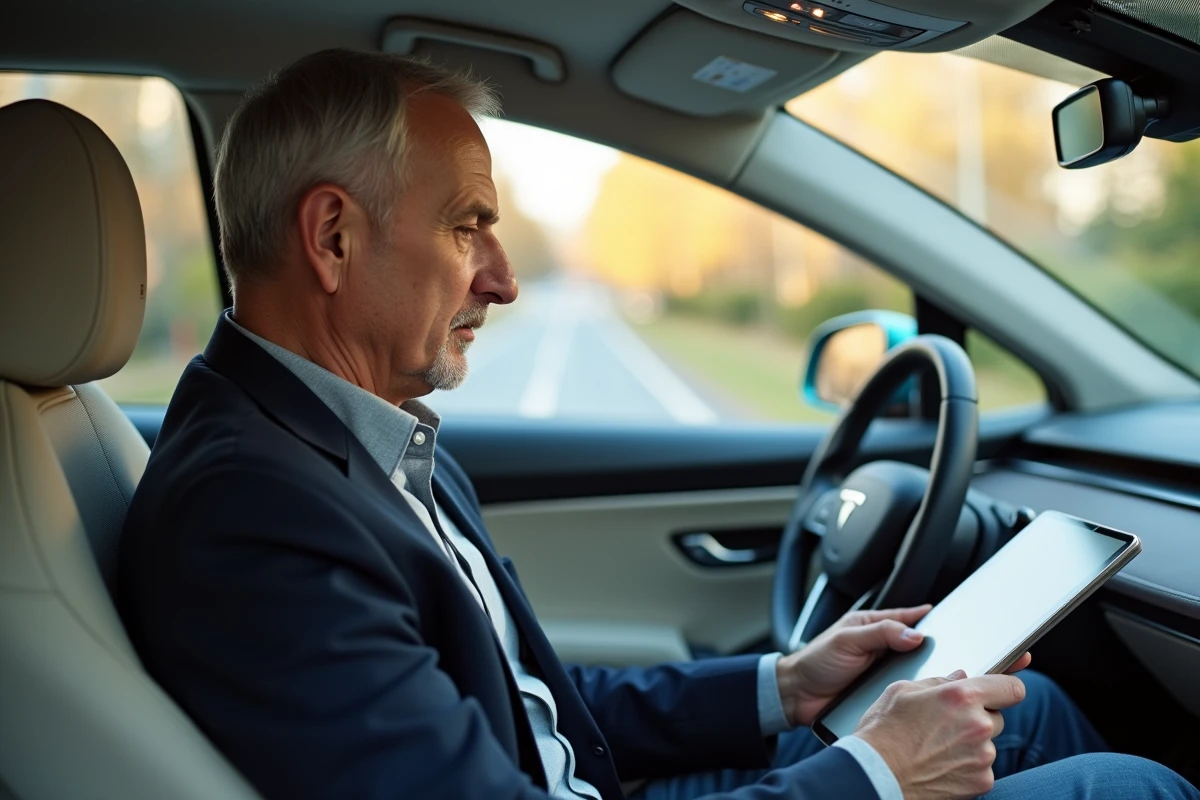 Homme d'affaires dans la quarantaine travaillant sur une tablette à bord d'une voiture autonome sans volant