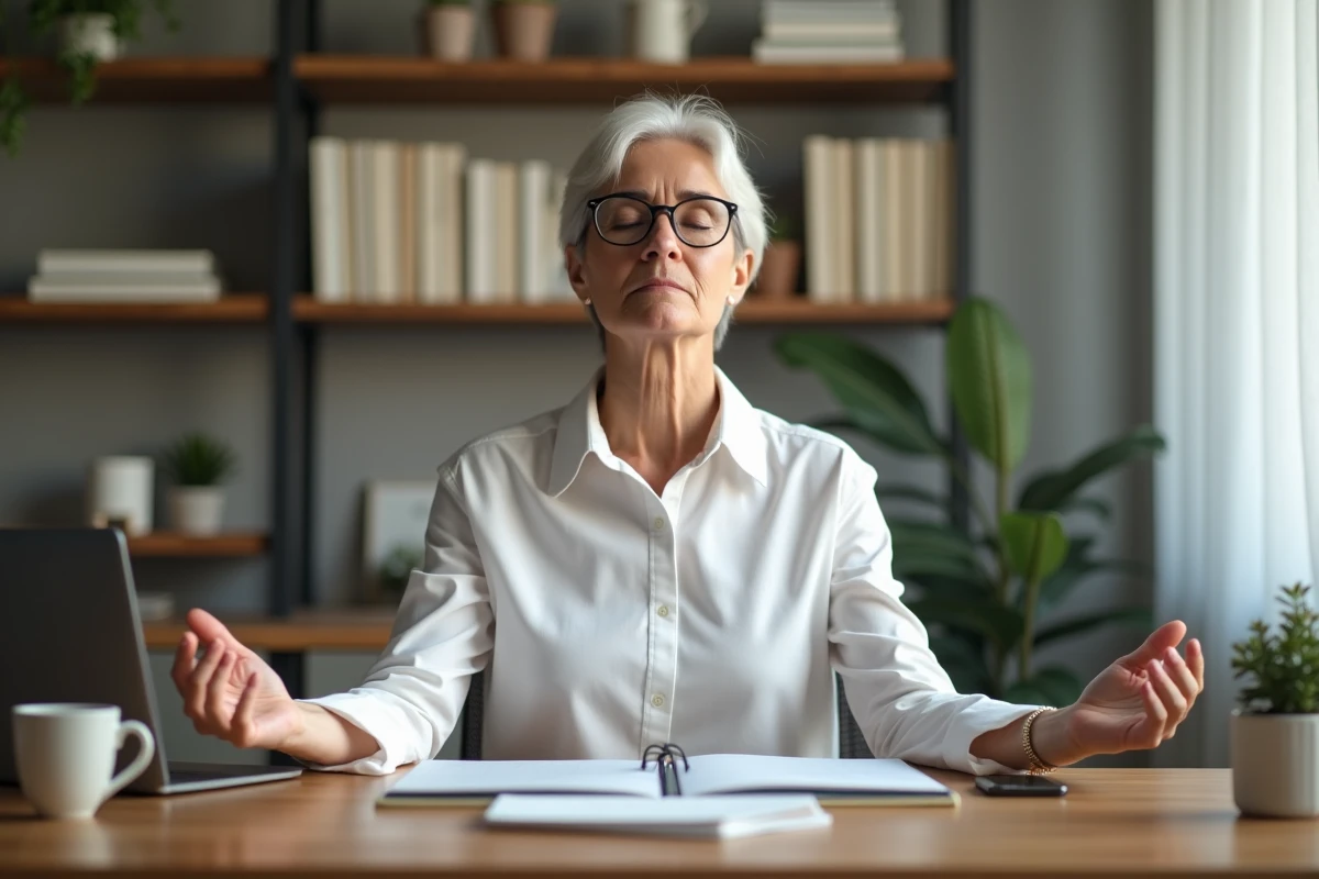 Femme faisant une pause de pleine conscience à son bureau à domicile les yeux fermés