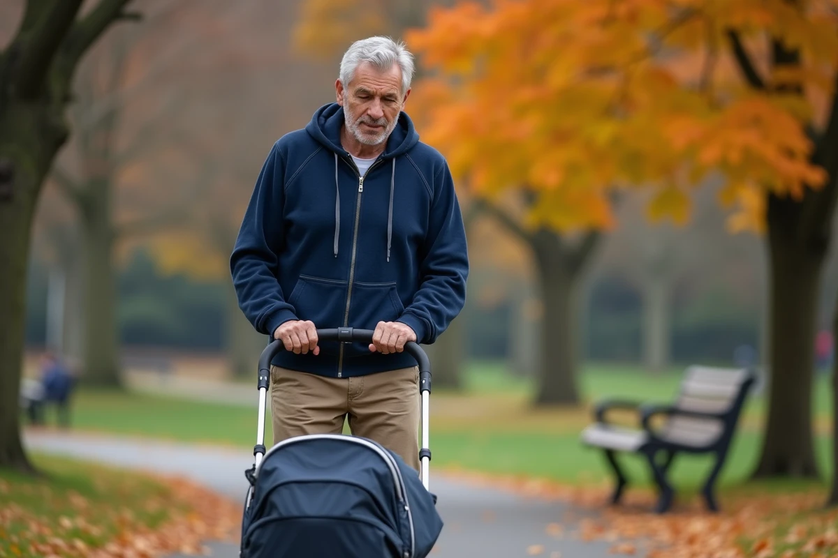 Père célibataire se promenant avec son bébé dans un parc en automne, représentant un parent solo actif au quotidien