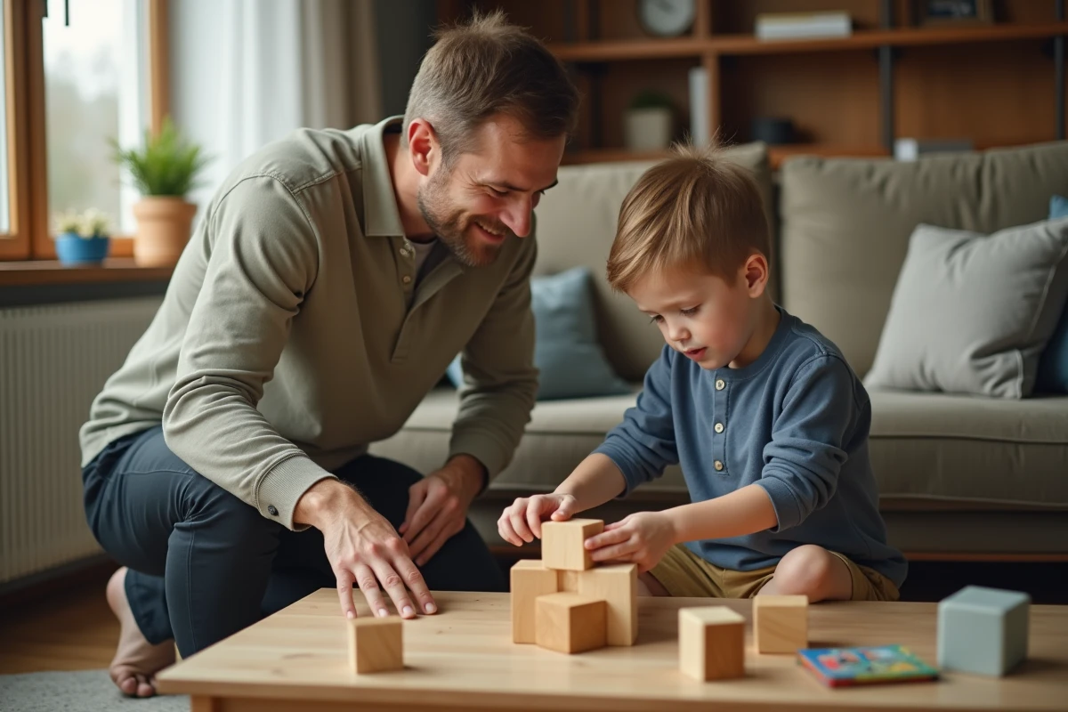 Un père accompagnant son enfant dans un jeu éducatif à la maison, illustrant le soutien à la parentalité