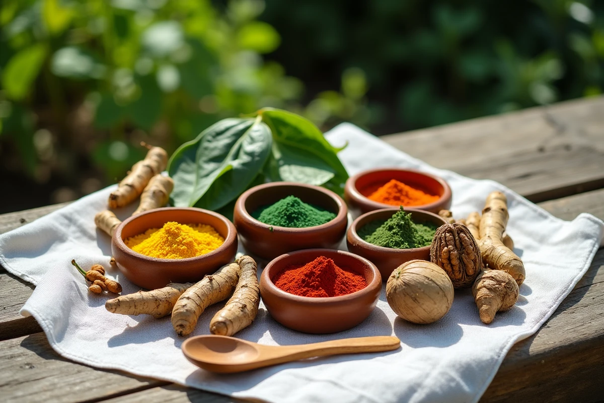 Vue de dessus d'un assortiment de plantes et racines fraîches — curcuma, épinards, noix, garance — avec des bols en céramique remplis de pigments naturels extraits, posés sur un tissu de lin blanc dans un jardin