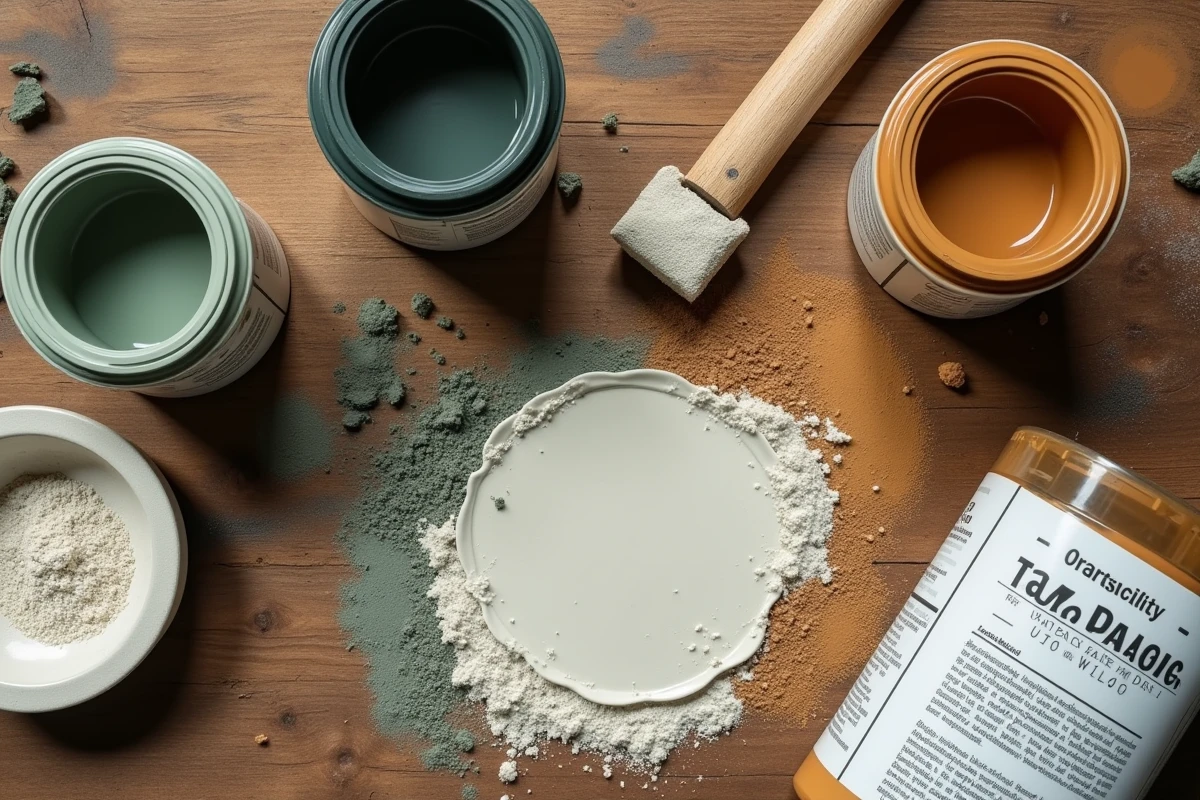 Vue de dessus de pots de peinture naturelle non toxique et pigments écologiques sur un établi en bois