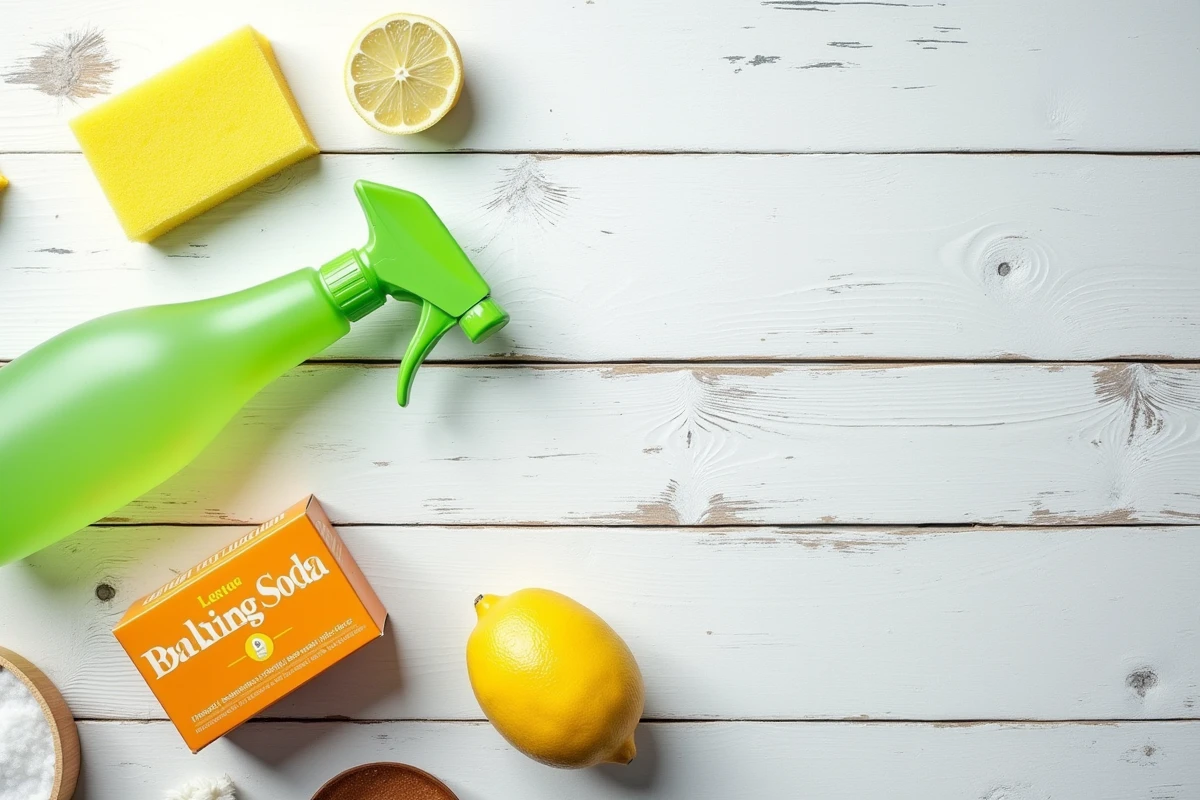 Vue du dessus de produits ménagers naturels pour le nettoyage, dont bicarbonate de soude, citron, éponge et spray, sur une surface en bois blanc