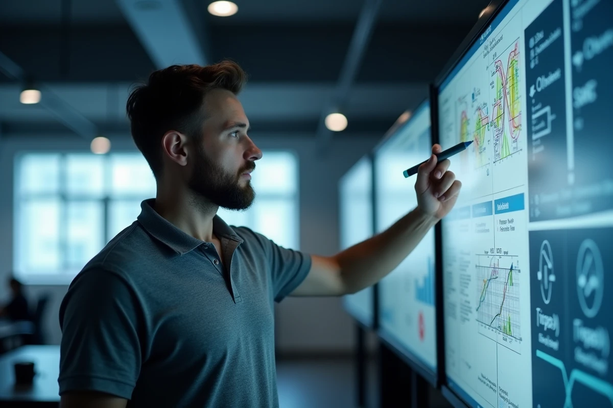 Professionnel en cybersécurité devant des écrans de surveillance réseau dans un bureau informatique moderne avec tableaux de logique