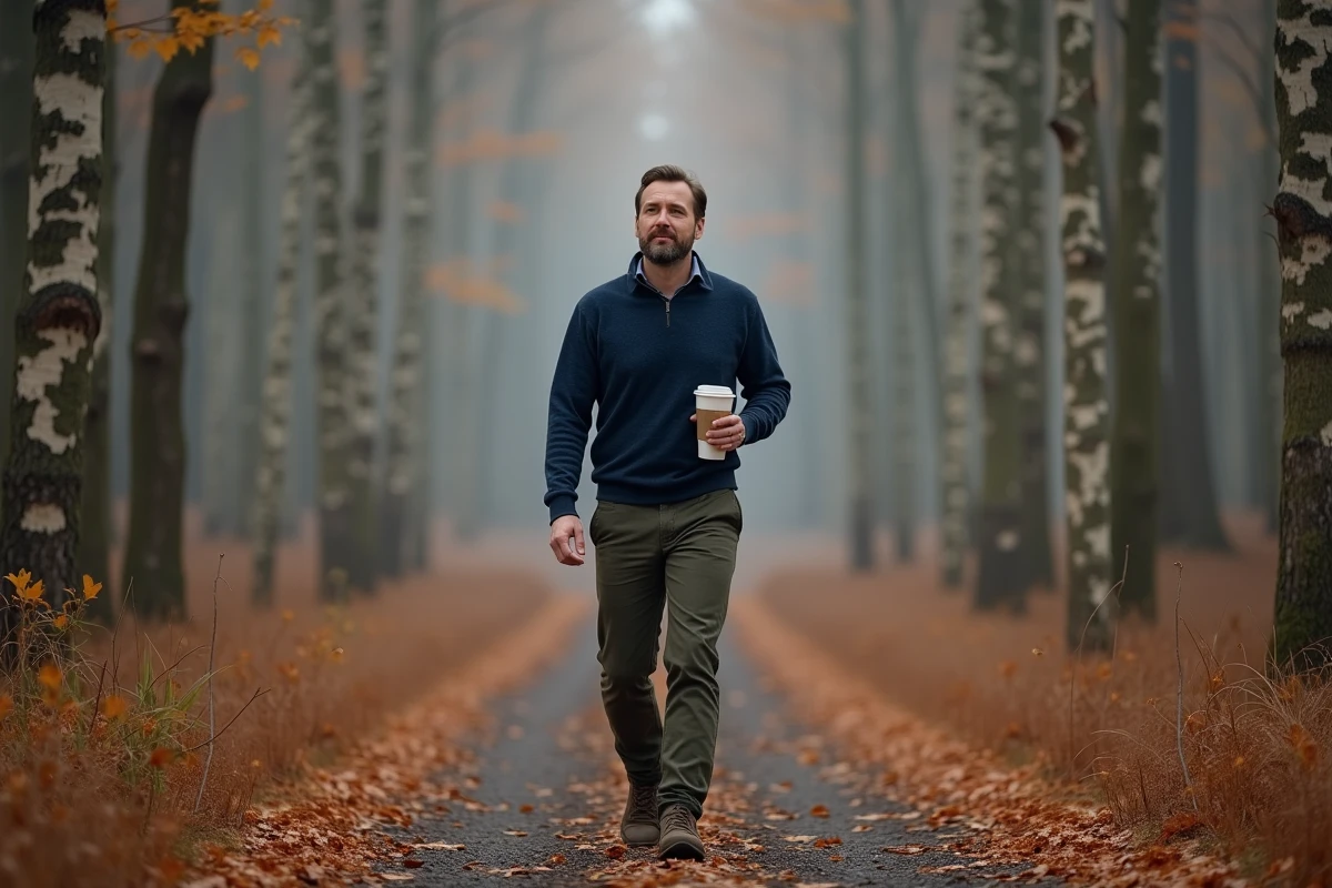 Homme se promenant seul en forêt en automne pour réduire le stress et retrouver la sérénité
