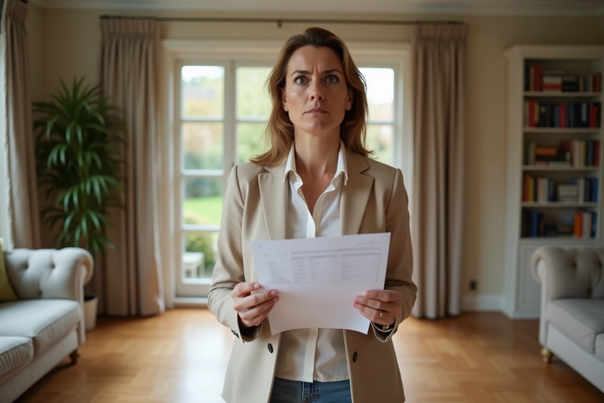 Propriétaire lisant une estimation immobilière trop basse dans le salon de sa maison pavillonnaire