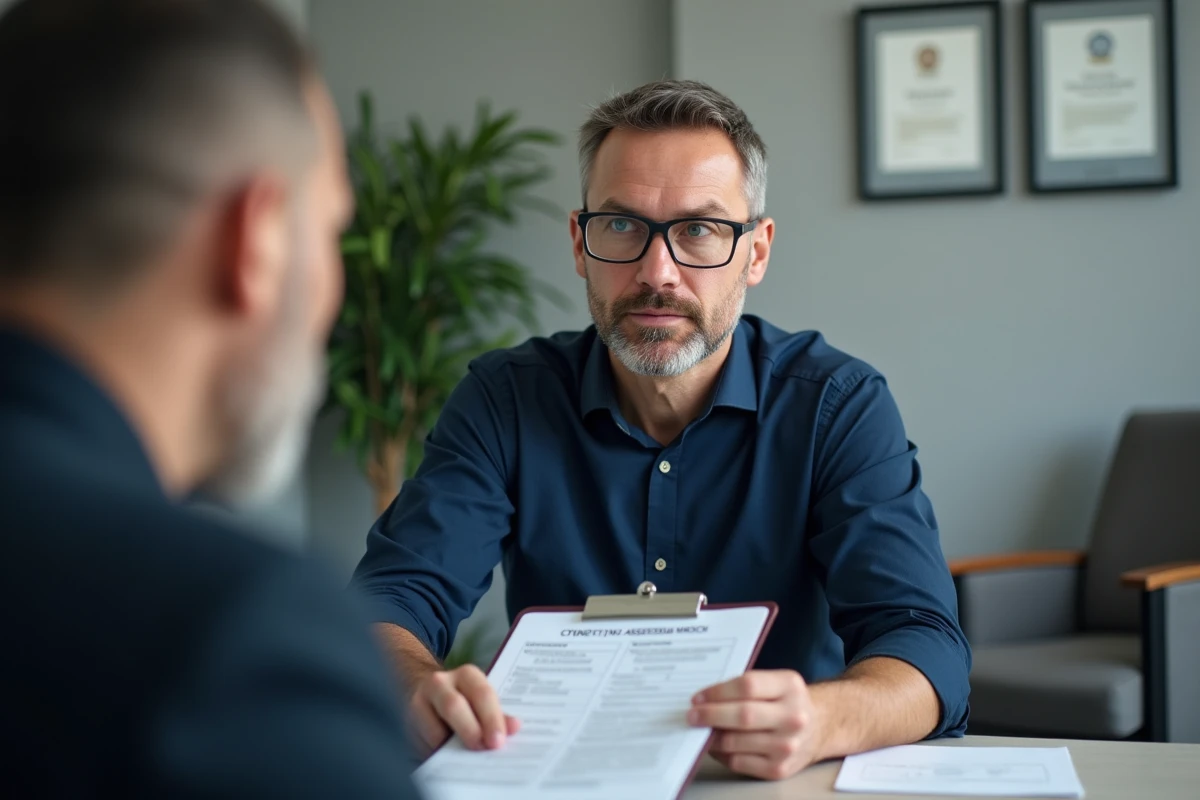Psychologue professionnel faisant passer une évaluation cognitive à un patient dans son cabinet