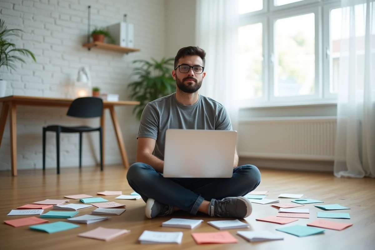 Homme utilisant des fiches de révision espacées sur le sol d'un bureau à domicile pour optimiser l'apprentissage