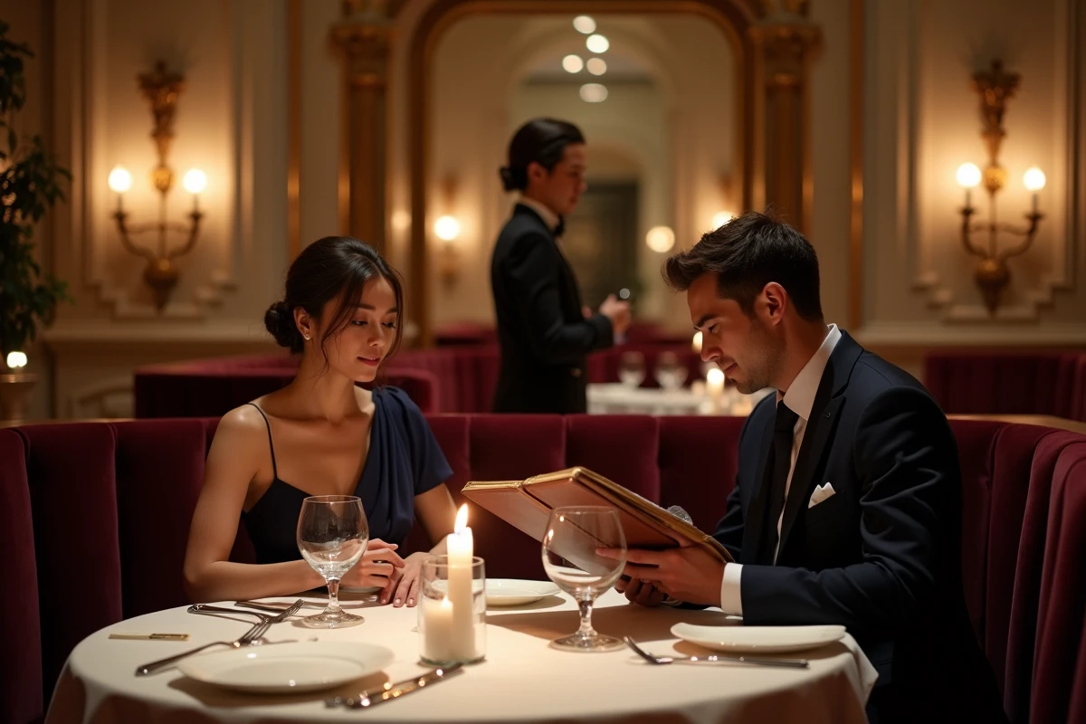 Couple élégant dans un restaurant gastronomique étoilé Michelin consultant un menu cuir sur table en lin blanc