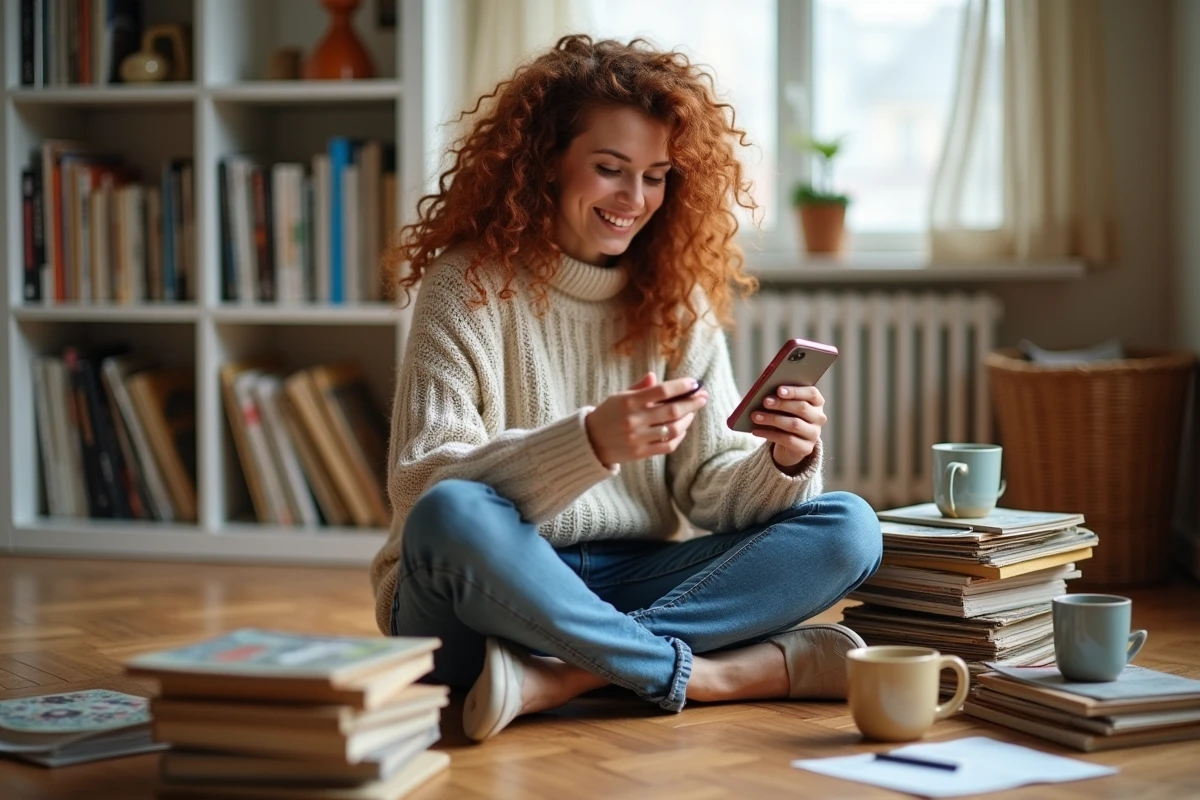 Jeune femme photographiant des objets de seconde main chez elle pour les revendre en ligne