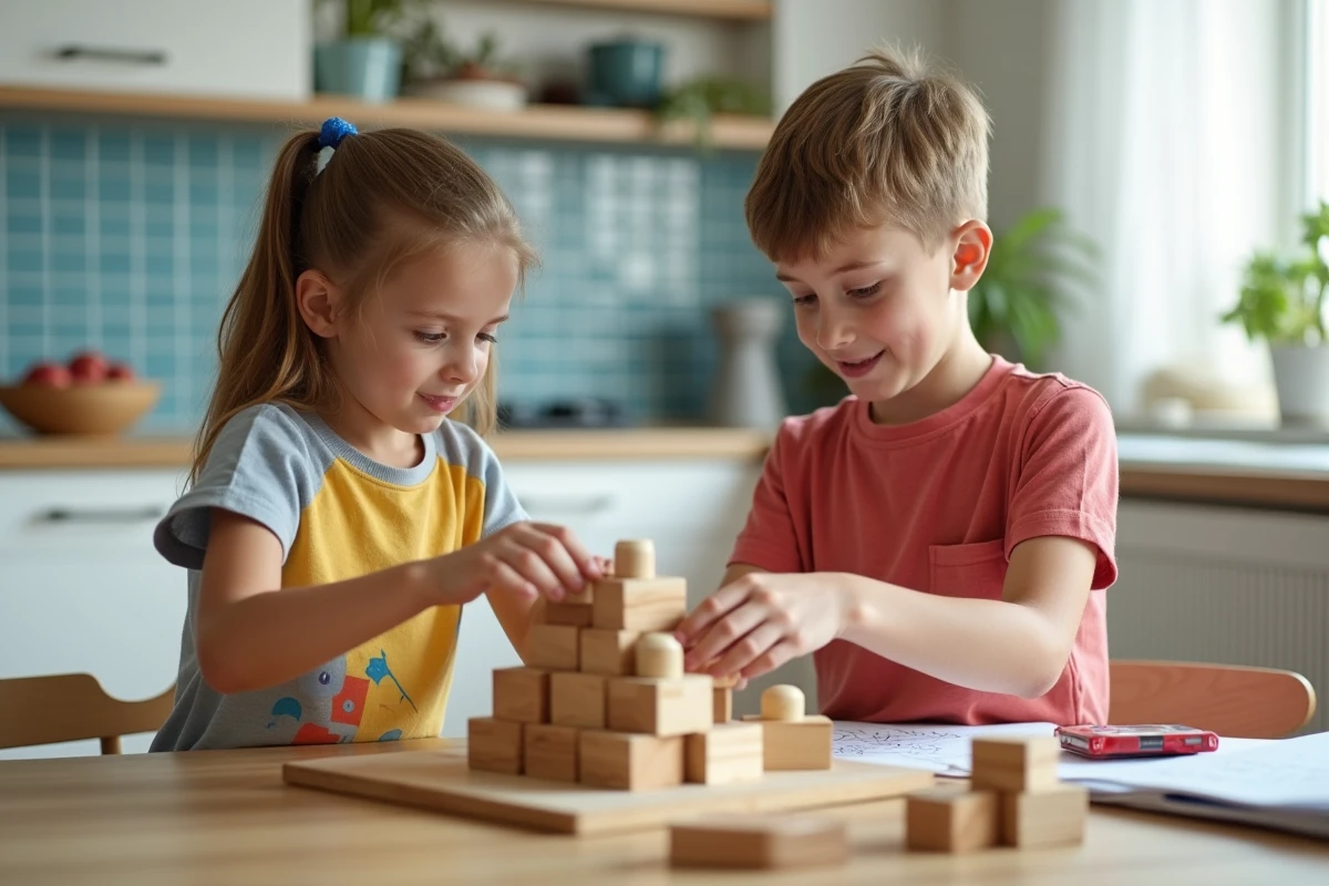 Deux enfants construisant une structure avec des blocs en bois à la cuisine, illustrant le rôle éducatif et créatif du jeu dans le développement de l'enfant