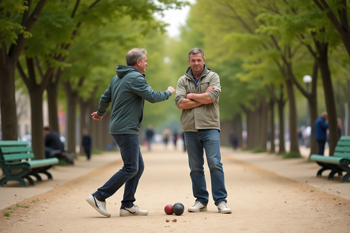 Deux hommes jouant à la pétanque dans un parc public, illustrant le rôle social et récréatif du jeu en plein air