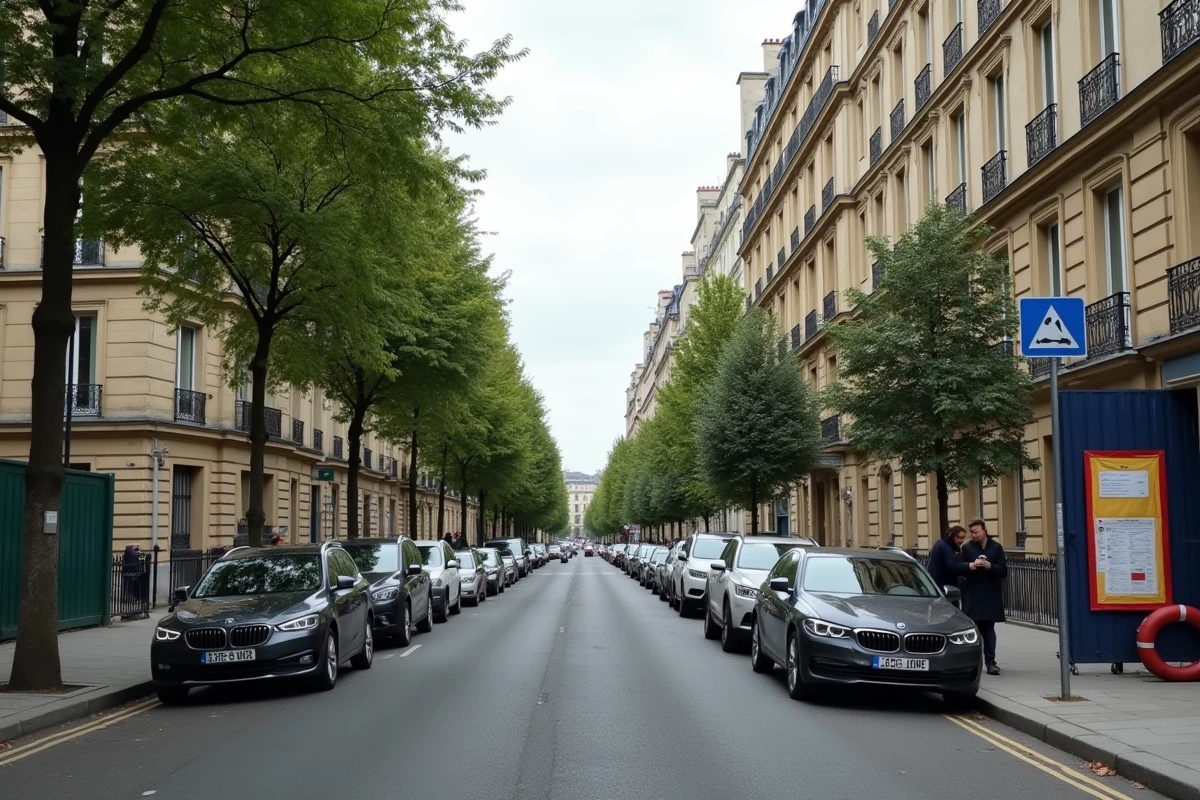 Rue typique d'une zone urbaine française avec immeubles haussmanniens et constructions modernes en arrière-plan