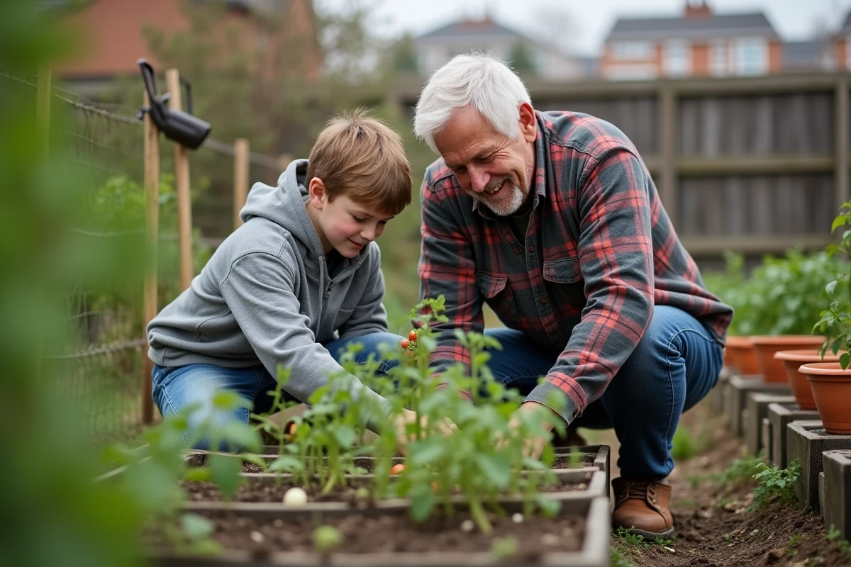 Un homme senior et un adolescent jardinent ensemble dans un potager urbain partagé, symbole d'échange intergénérationnel