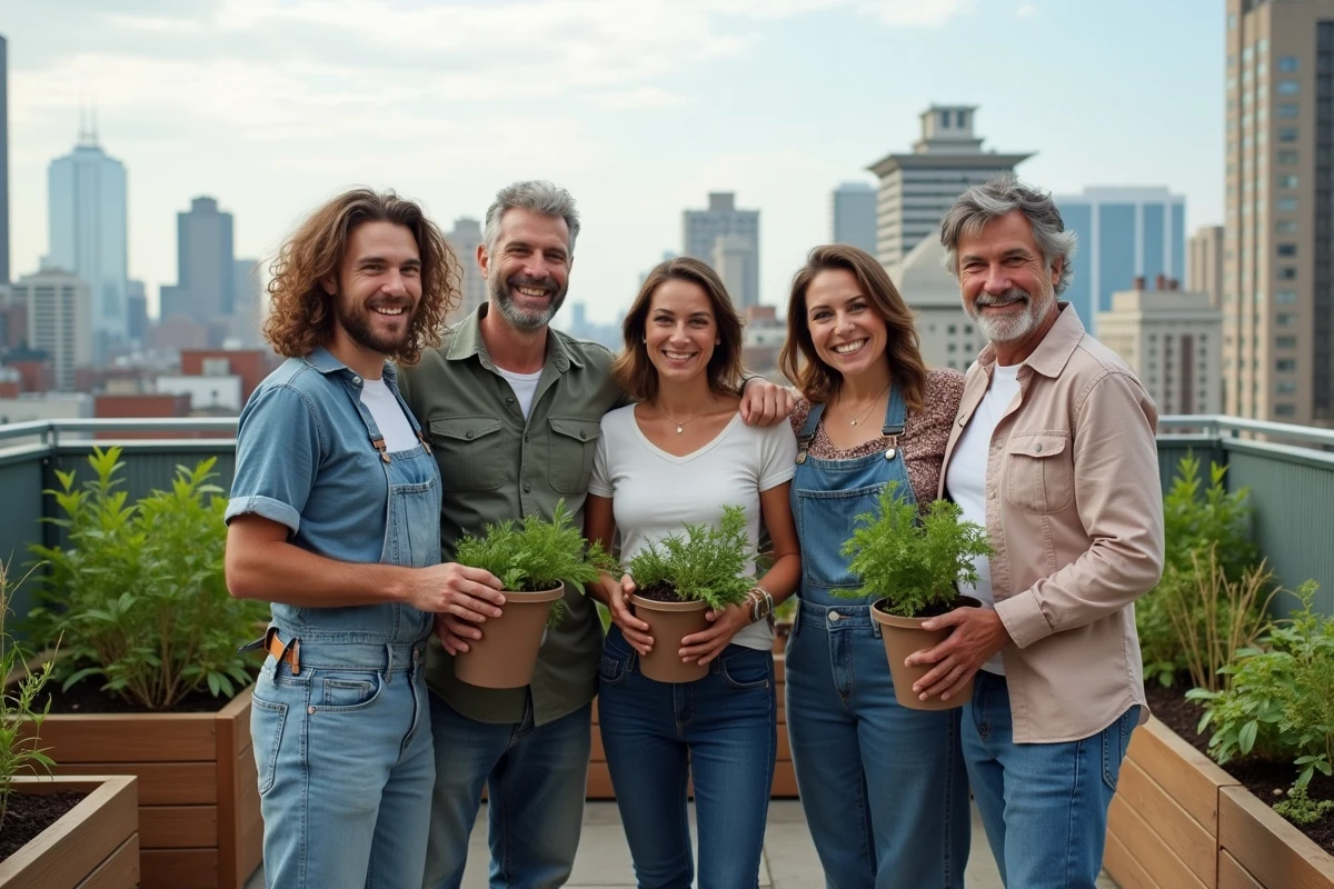 Groupe diversifié d'adultes réunis dans un jardin partagé urbain, illustrant la solidarité et l'inclusion sociale comme levier pour combler les inégalités