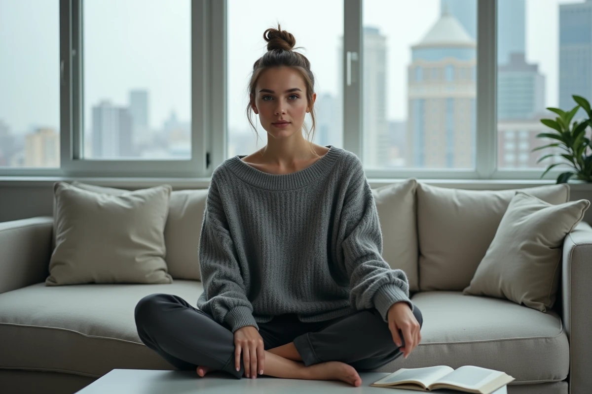 Jeune femme minimaliste assise sur un canapé neutre dans un appartement épuré avec peu d'objets autour d'elle