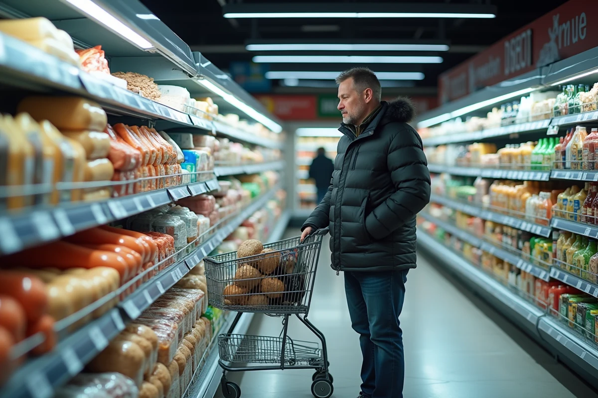 Homme comparant les prix dans un supermarché d'Helsinki, illustrant le coût élevé de la vie quotidienne en Finlande
